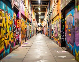 Fototapeta premium Graffiti Alleyway at Dusk — A Colorful Canvas of Urban Expression, Mood, and Creative Contrast