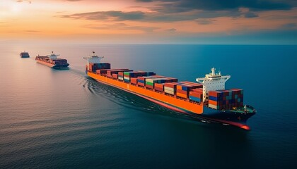 Logistics and transportation of International Container Cargo ship in the ocean at twilight sky, Freight Transportation, Shipping 