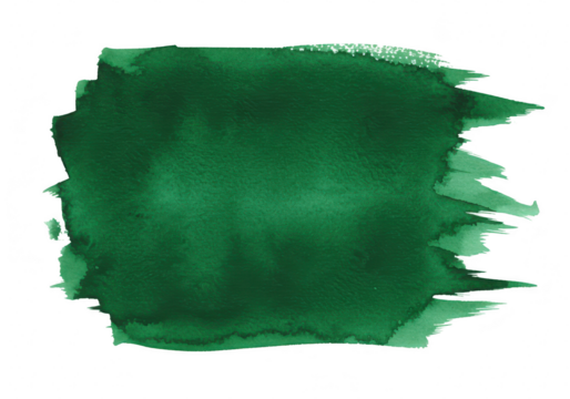 An emerald green watercolor stain with a rough texture creates an artistic abstract background isolated on transparent background