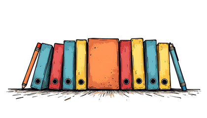 Colorful row of student folders in line art style on white background  
