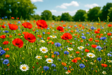 Obraz premium Vibrant wildflower field with red poppies and blue cornflowers