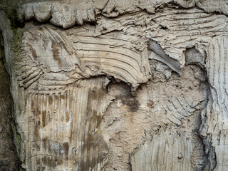 Abstract rough layered texture of old plaster. Tile adhesive is applied in several layers in different directions. Copy space.