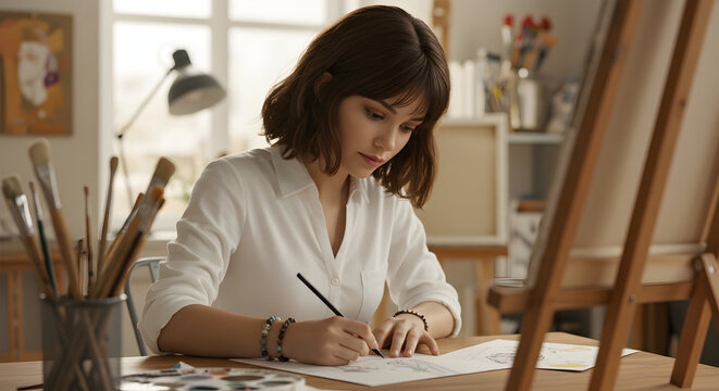 A young artist meticulously sketches in her bright, airy studio, surrounded by art supplies and natural light, creating a masterpiece. - Powered by Adobe