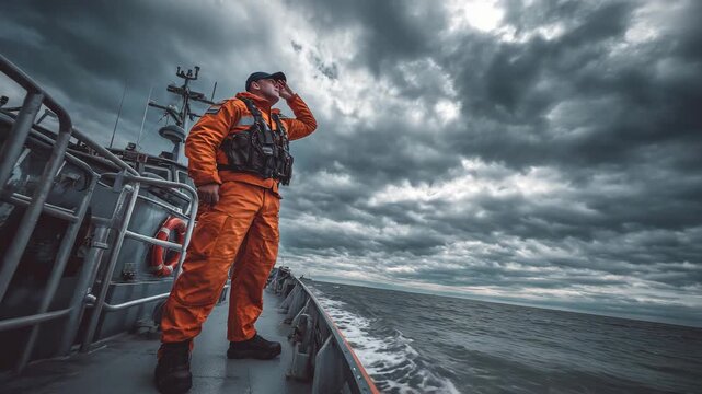 heroic coast guard officer standing on a patrol boat deck scanning the ocean horizon under a dramatic cloudy sky