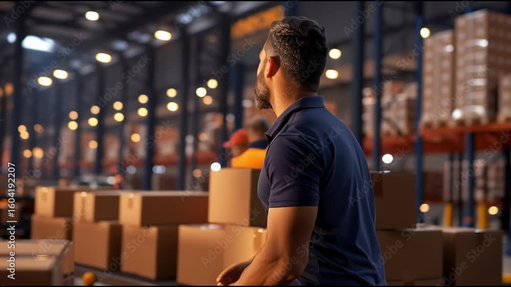 Poster warehouse worker organizing boxes in a busy distribution center during evening shifts