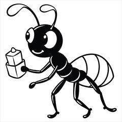 Cartoon Ant Holding Cube Object in Fun Black and White Illustration