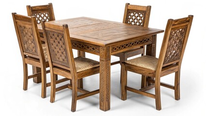 An intricately carved wooden dining table and chairs on a white background