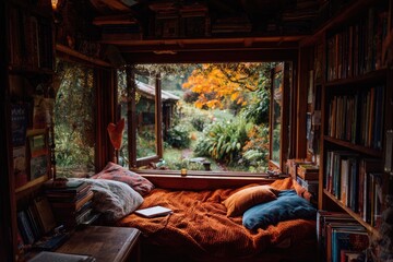 Cozy reading nook with autumnal garden view
