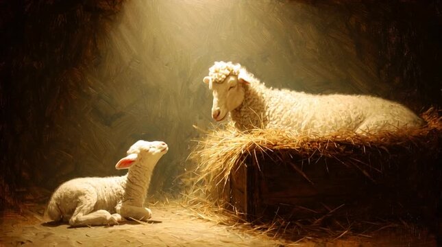 The Lamb of God, a perfect, spotless white lamb, lies peacefully at the foot of the cross, symbolizing Jesus' sacrifice.

