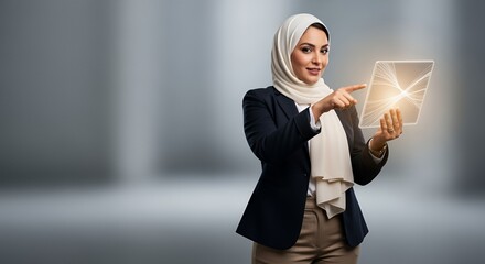 Confident Muslim businesswoman using futuristic tablet