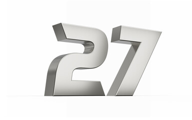3d Silver number 27 Twenty seven sleek metallic look isolated on white background, 3d illustration