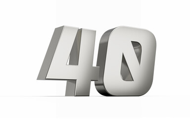 3d Silver number 40 Forty sleek metallic look isolated on white background, 3d illustration