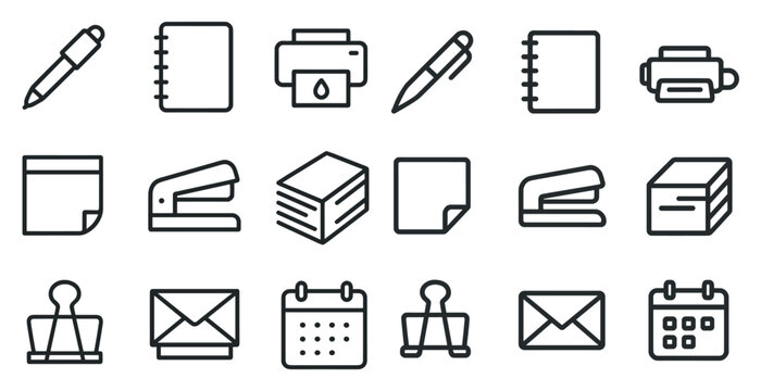 Office supplies outline icons set – stationery, business essentials, office tools