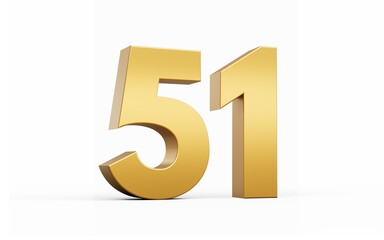 3D Golden number 51 Fifty one isolated on white background, 3d illustration