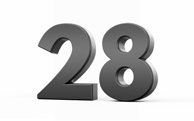 Sleek, metallic Black number 28 Twenty eight standing on a white background, 3d illustration