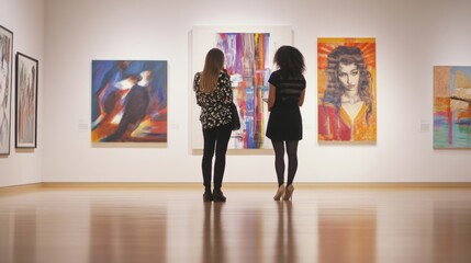 Artistic immersion: Two women enjoying contemporary art in a light-filled gallery