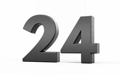 Sleek, metallic Black number 24 Twenty four standing on a white background, 3d illustration