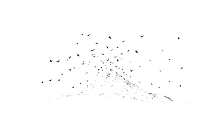 A mountain silhouette with a flock of birds flying above it in a monochrome artistic representation