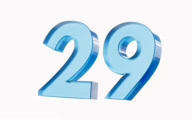3d Glossy Blue number 29 Twenty nine isolated on white background. 3d illustration