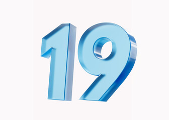 3d Glossy Blue number 19 or Nineteen isolated on white background. 3d illustration