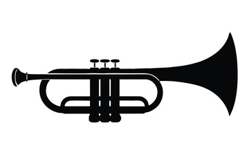 Naklejka premium Black Silhouette of Trumpet with Valves and Bell on White Background Isolated