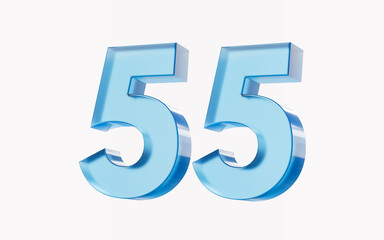3d Glossy Blue number 55 Fifty five isolated on white background. 3d illustration
