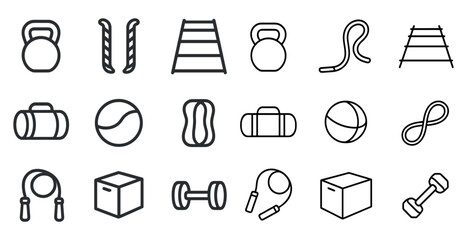 Fitness and gym outline icons set - linear, exercise, workout symbols