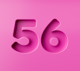 Vibrant pink number 56 Fifty six embossed on a pink background, 3d illustration