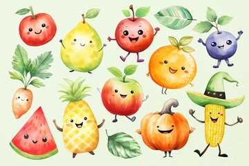 Watercolor fruit & vegetable character design element set