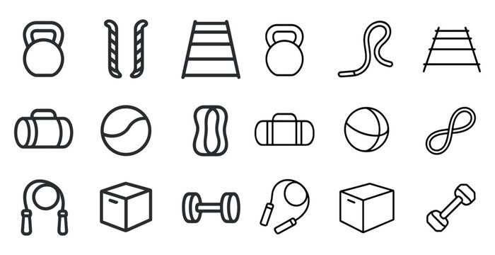Fitness and gym outline icons set - linear, exercise, workout symbols