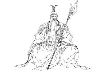 Illustration of a seated asian warrior with long beard holding a glaive in black and white ink style