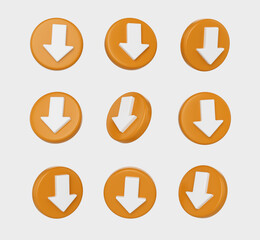 3D Set of White downward arrow on a Orange circular icon, symbolizing download or downward direction, 3d illustration