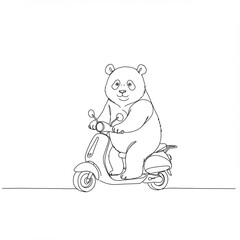 Cute panda riding a scooter in a playful outline style on a white background with copy space