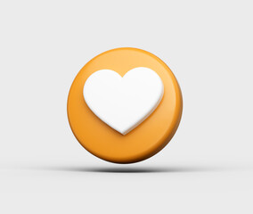 3d Orange button with a white heart symbol, representing a "like" or "love" icon, 3d illustration