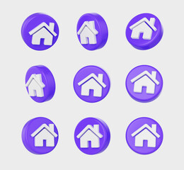 3D Home icons on a Purple circular base ideal for apps or home-related projects. 3d illustration