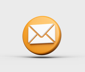 3D White envelope on a Orange circular button, symbolizing email and messaging. 3d illustration