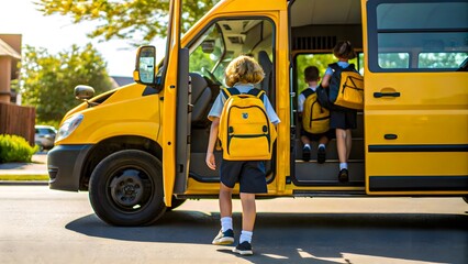school children boarding yellow school bus with backpacks