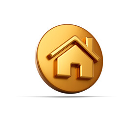 3D Golden Home icon on a circular base ideal for apps or home-related projects. 3d illustration