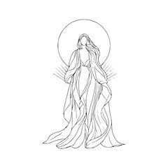 Line art depiction of a woman in flowing robes with a halo and radiating lines on a white background