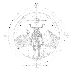 Obraz premium Illustration of a minotaur like figure with horns in front of mountains within a circular compass design