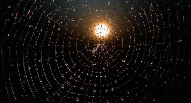 A spider web with water droplets glistening in the light against a dark background at night time - Powered by Adobe