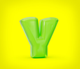 Green colorful shiny jelly alphabet Y isolated on yellow background. 3d illustration