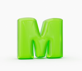 Green colorful shiny jelly alphabet M isolated on white background. 3d illustration