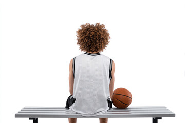 Focused Basketball Player on Bench, A basketball player sits on a bench, holding a basketball, seen from behind against a white background, preparing for the game.