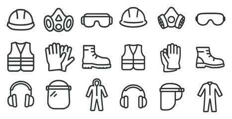 Safety equipment outline icons set – protective gear, industrial safety symbols