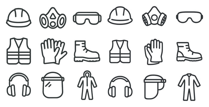 Safety equipment outline icons set – protective gear, industrial safety symbols