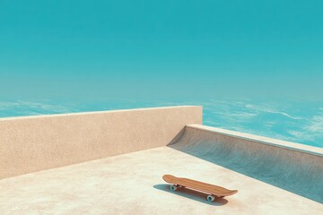 Skateboard on a concrete ramp, clear sky