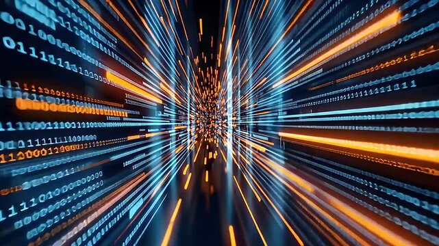 Abstract Digital Data Tunnel With Binary Code Flowing Through Futuristic Technological Network in Blue and Orange Tones