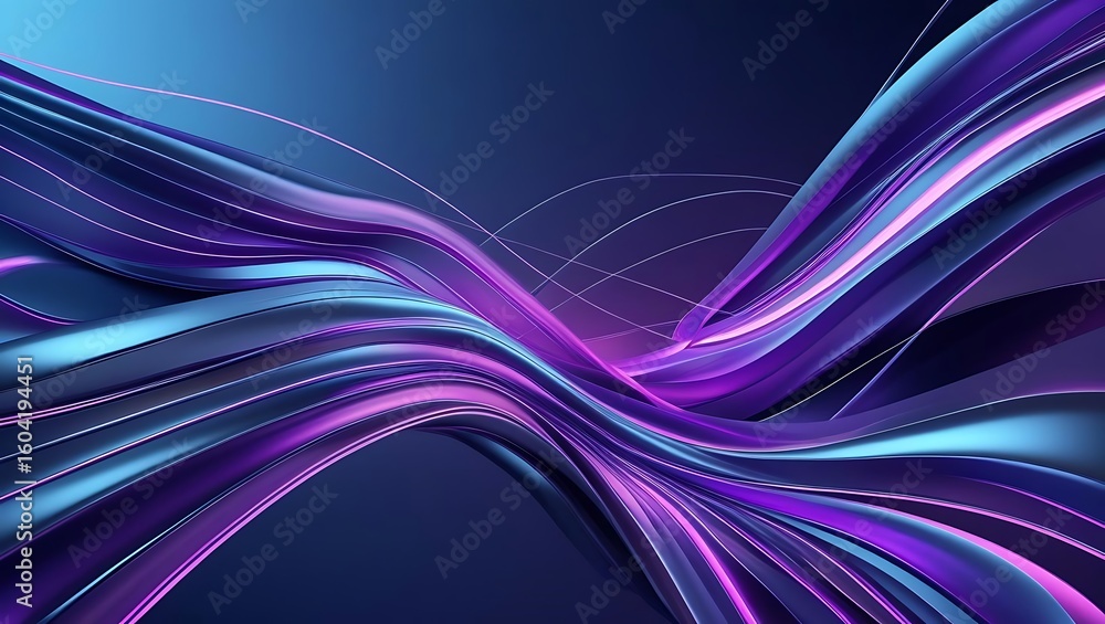 Poster dynamic abstract background with flowing purple and blue light trails, representing a digital data s
