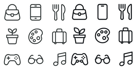 Everyday essentials outline icons set – minimal, linear, daily use design symbols